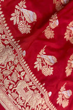 Red Handloom Banarasi Pure Katan Silk Sona Roopa Bird Design Saree - Luxurion World