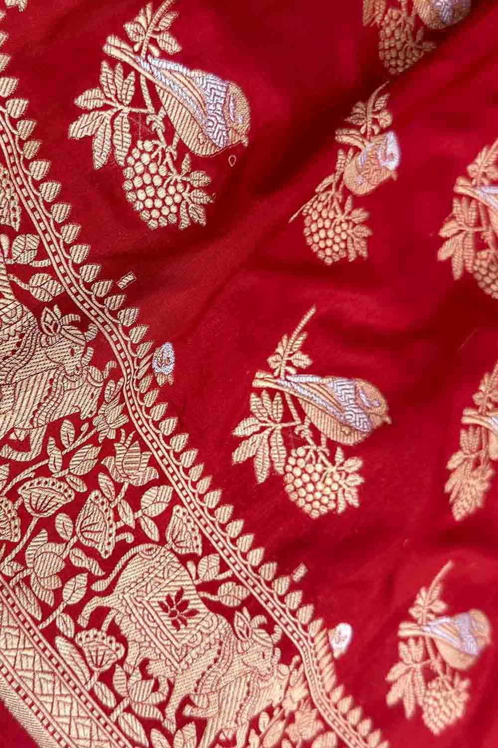Red Handloom Banarasi Pure Katan Silk Sona Roopa Bird Design Saree - Luxurion World