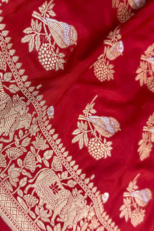 Red Handloom Banarasi Pure Katan Silk Sona Roopa Bird Design Saree - Luxurion World
