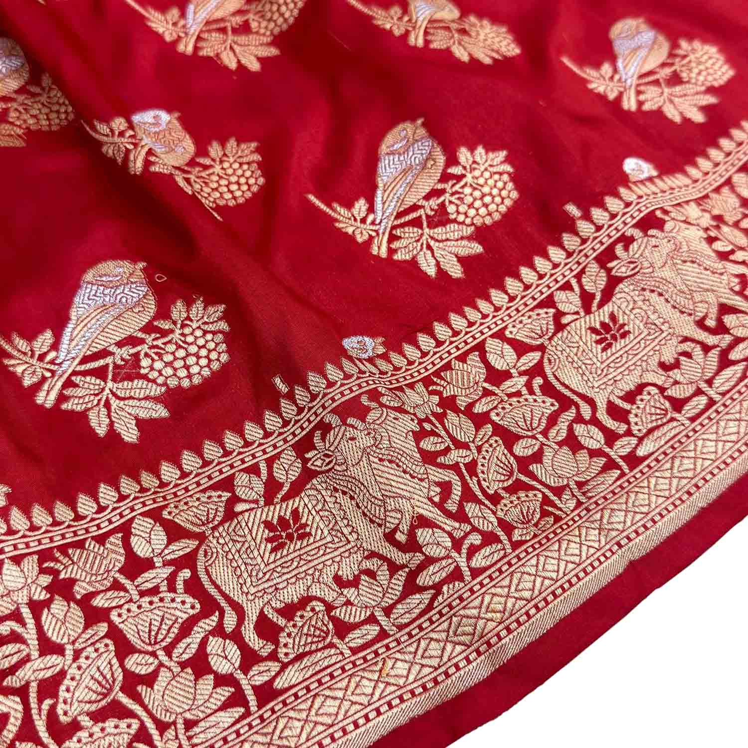 Red Handloom Banarasi Pure Katan Silk Sona Roopa Bird Design Saree - Luxurion World