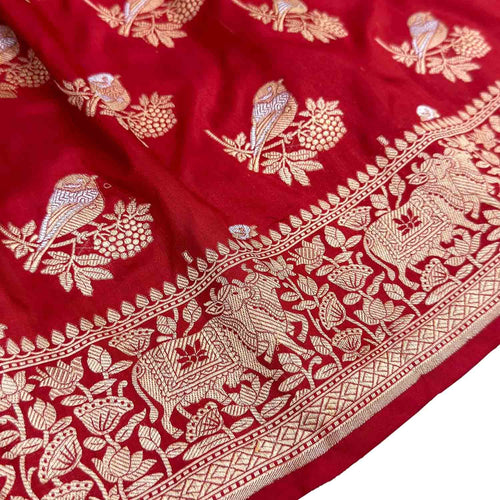 Red Handloom Banarasi Pure Katan Silk Sona Roopa Bird Design Saree - Luxurion World