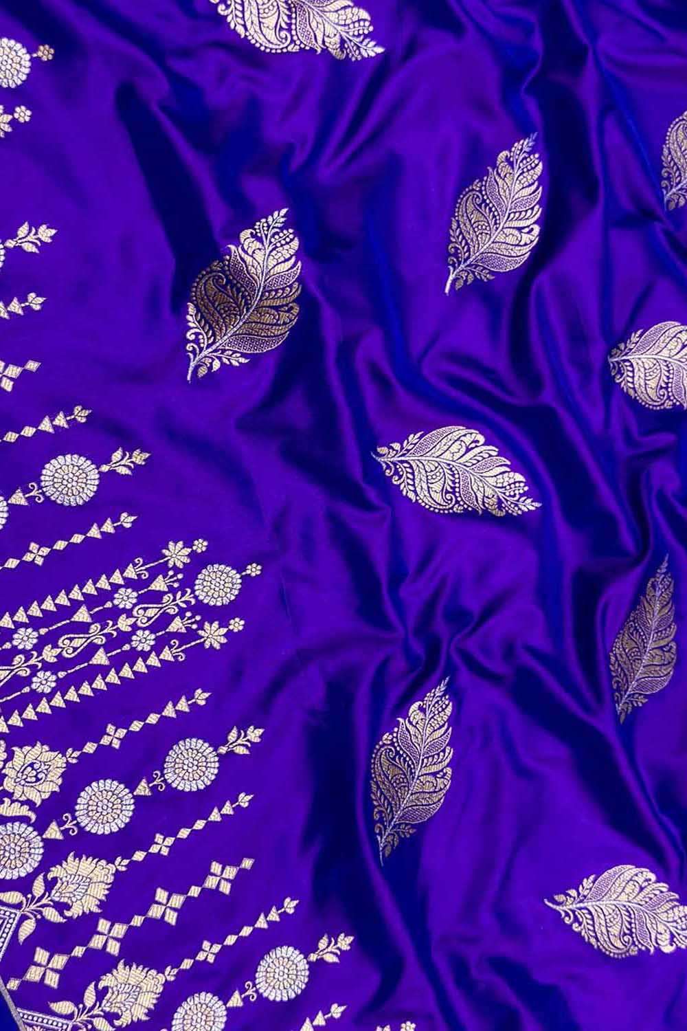 Purple Handloom Banarasi Pure Katan Silk Leaf Design Saree - Luxurion World