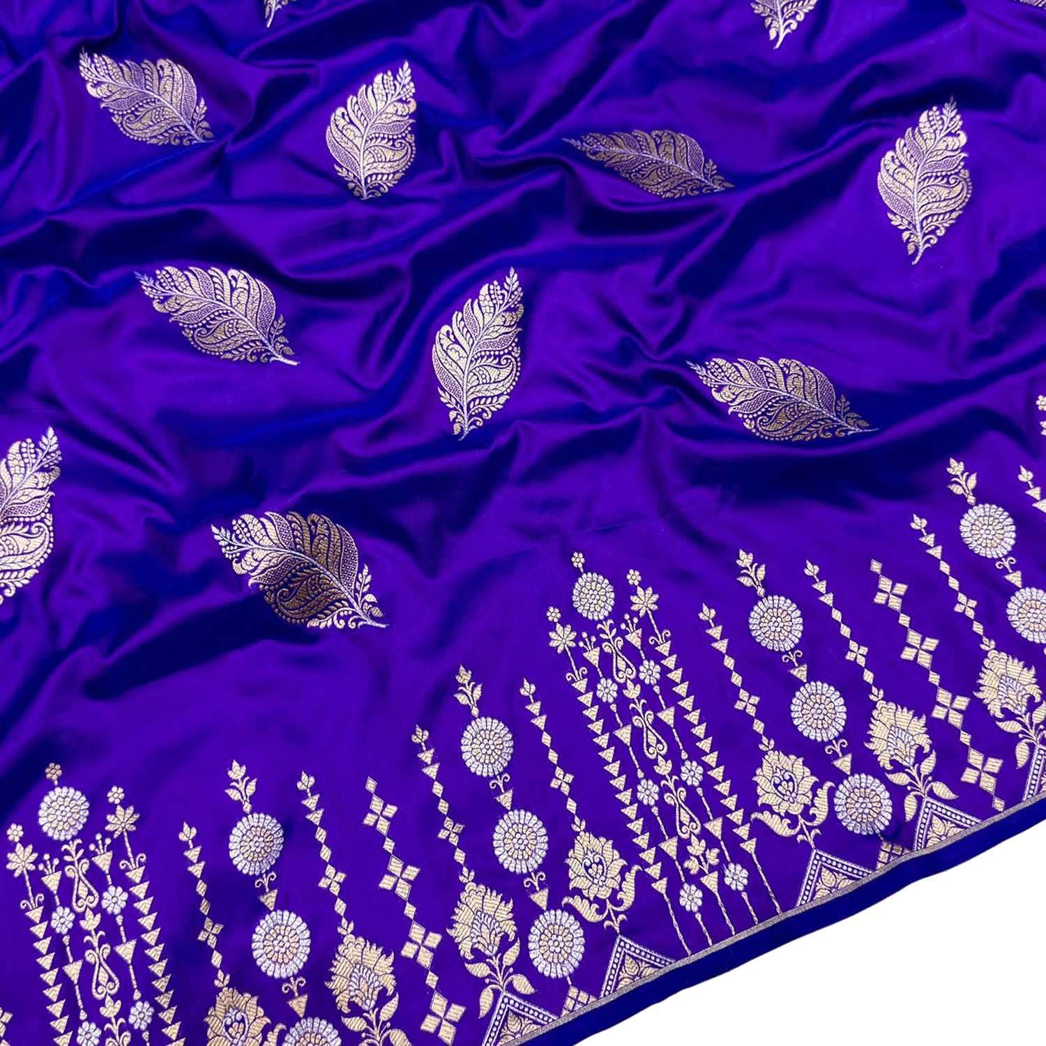 Purple Handloom Banarasi Pure Katan Silk Leaf Design Saree - Luxurion World