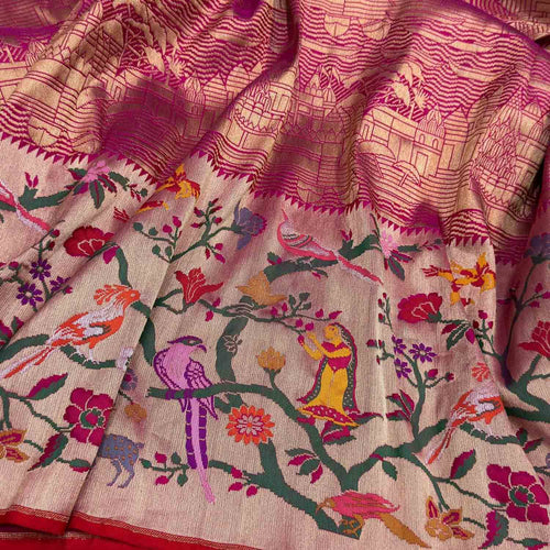 Pink Handloom Banarasi Pure Katan Silk Bird And Flower Design Saree - Luxurion World