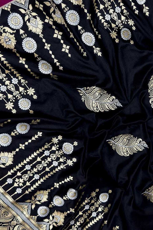Black Handloom Banarasi Pure Katan Silk Leaf Design Saree - Luxurion World