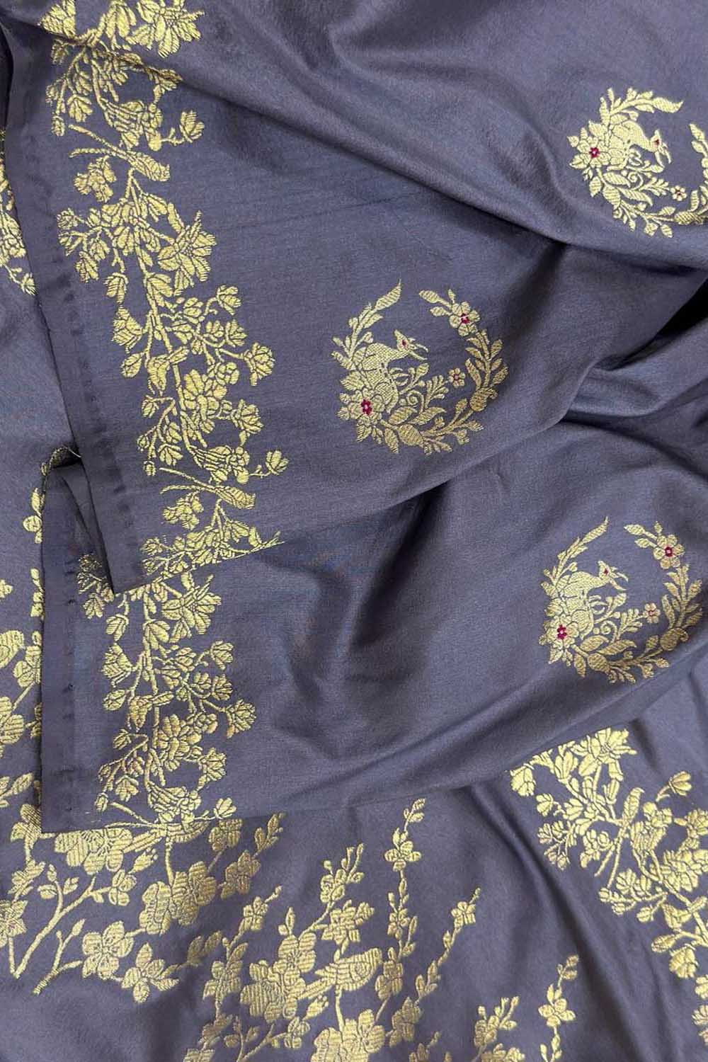 Grey Handloom Banarasi Pure Katan Silk Animal And Flower Design Saree - Luxurion World
