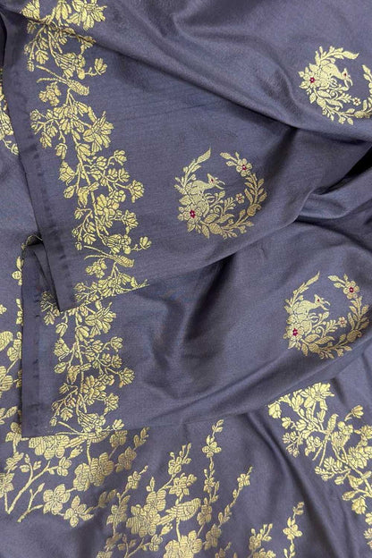 Grey Handloom Banarasi Pure Katan Silk Animal And Flower Design Saree - Luxurion World