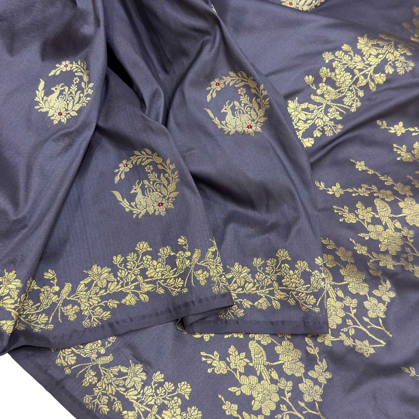 Grey Handloom Banarasi Pure Katan Silk Animal And Flower Design Saree - Luxurion World
