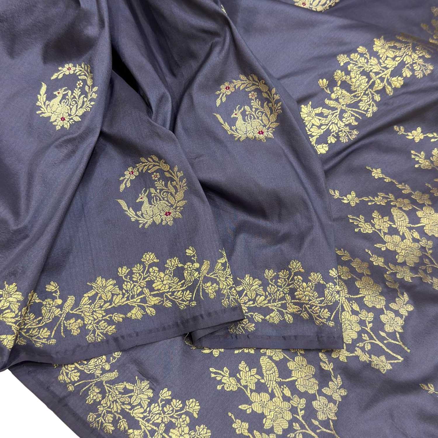 Grey Handloom Banarasi Pure Katan Silk Animal And Flower Design Saree - Luxurion World