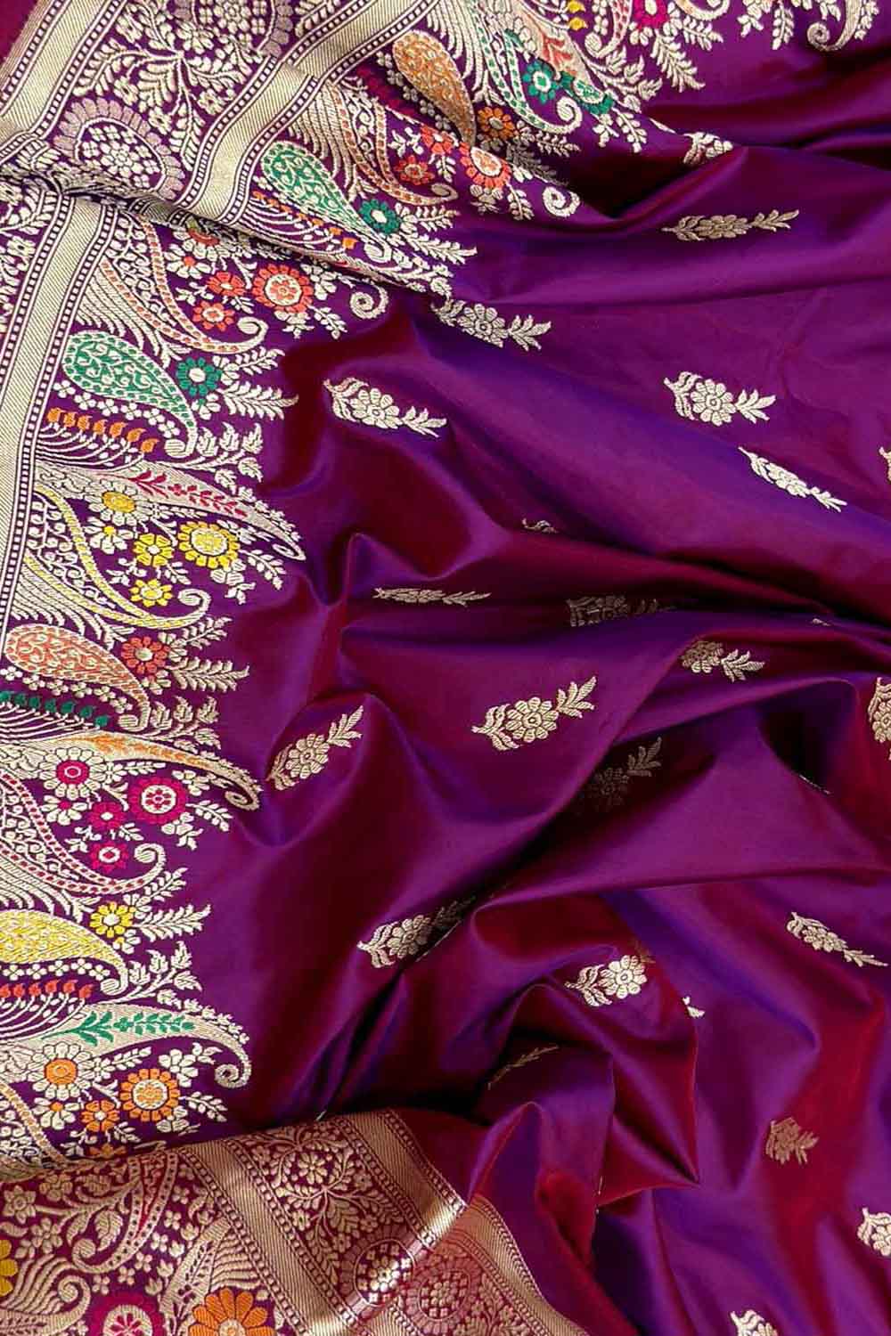 Purple Handloom Banarasi Pure Katan Silk Flower Design Meenakari Saree - Luxurion World