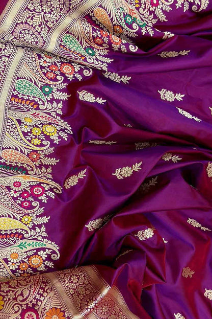 Purple Handloom Banarasi Pure Katan Silk Flower Design Meenakari Saree - Luxurion World