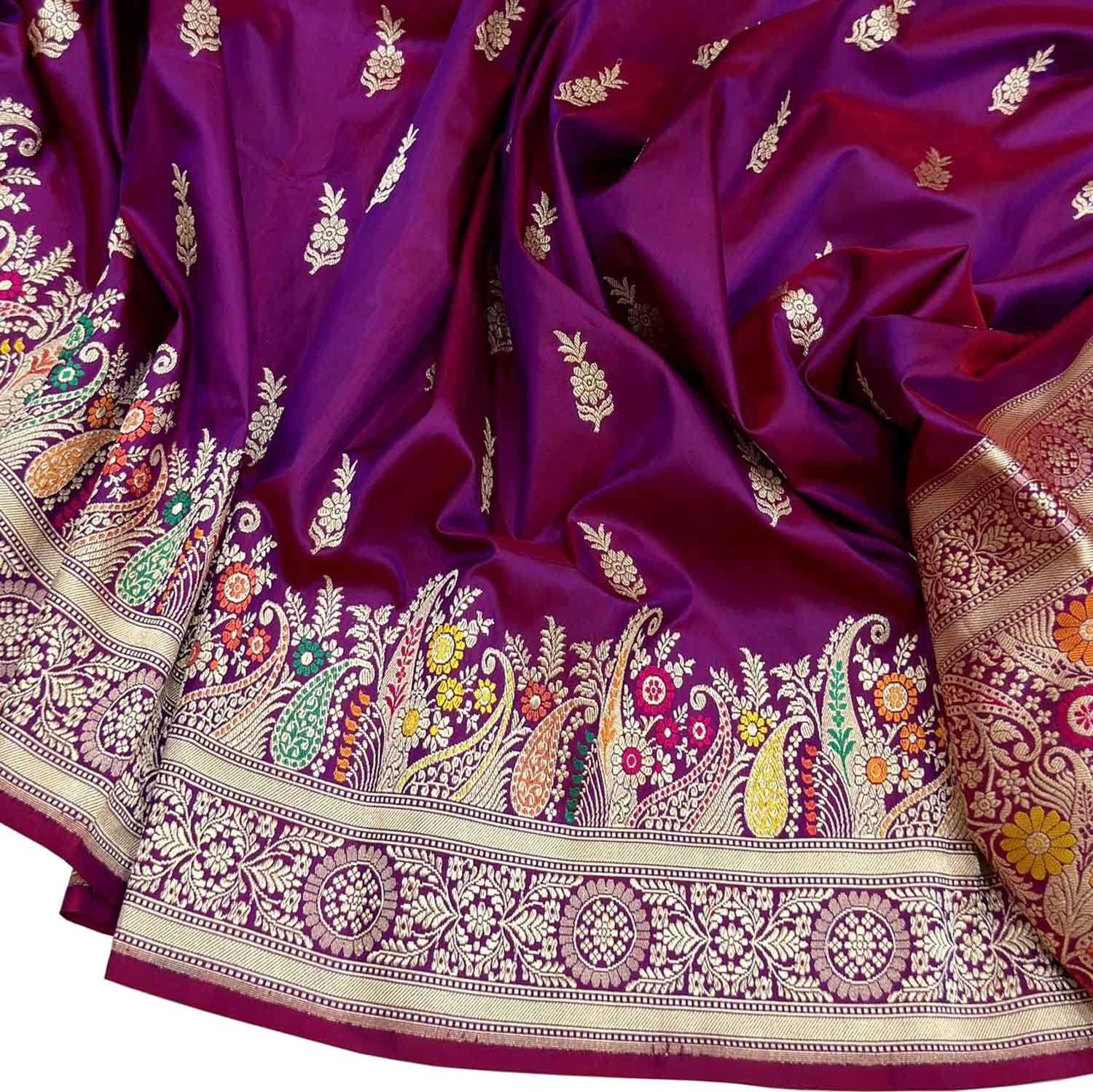 Purple Handloom Banarasi Pure Katan Silk Flower Design Meenakari Saree - Luxurion World