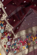 Maroon Handloom Banarasi Pure Kora Silk Flower Design Meenakari Saree - Luxurion World