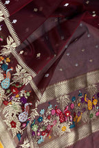 Maroon Handloom Banarasi Pure Kora Silk Flower Design Meenakari Saree - Luxurion World