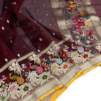 Maroon Handloom Banarasi Pure Kora Silk Flower Design Meenakari Saree - Luxurion World