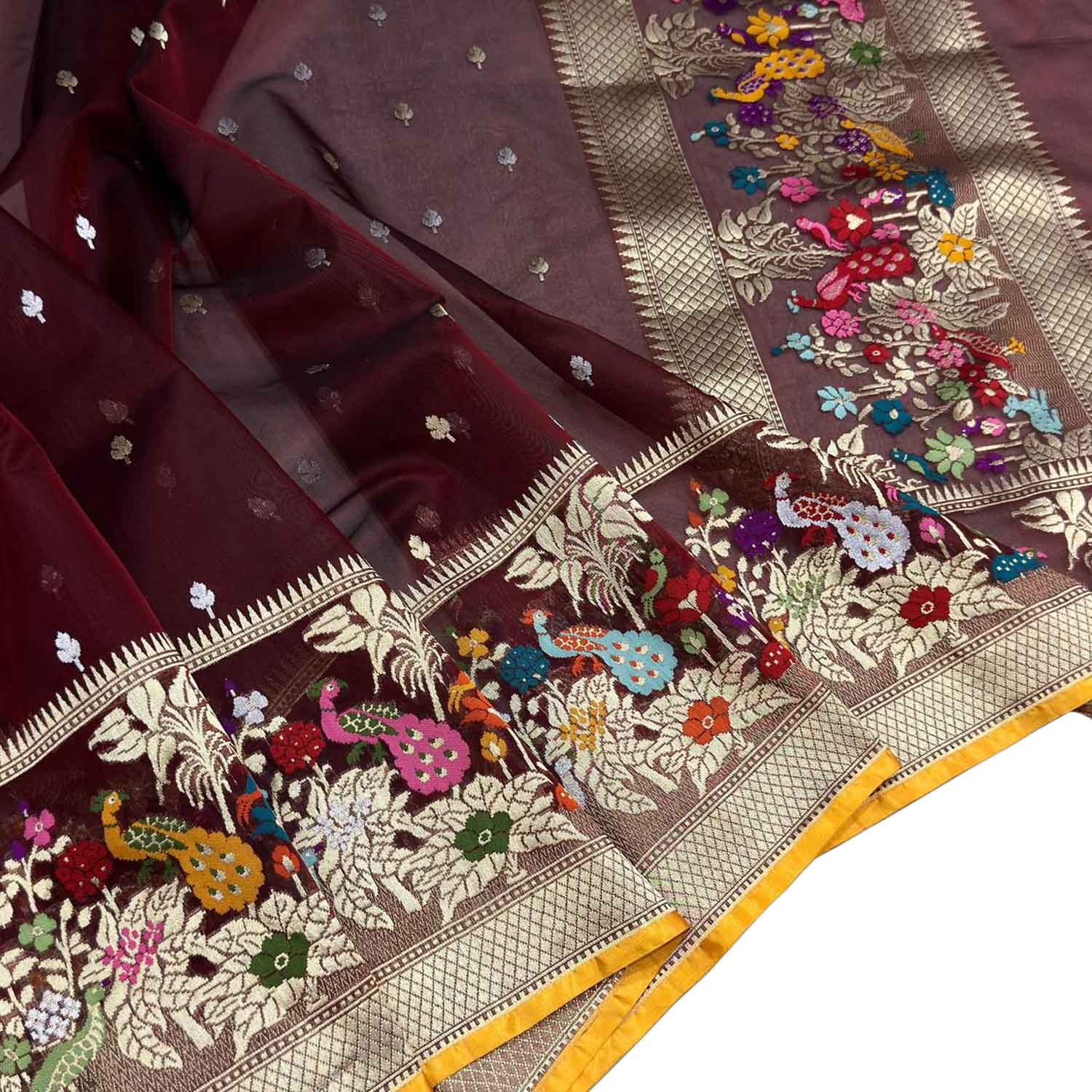 Maroon Handloom Banarasi Pure Kora Silk Flower Design Meenakari Saree - Luxurion World