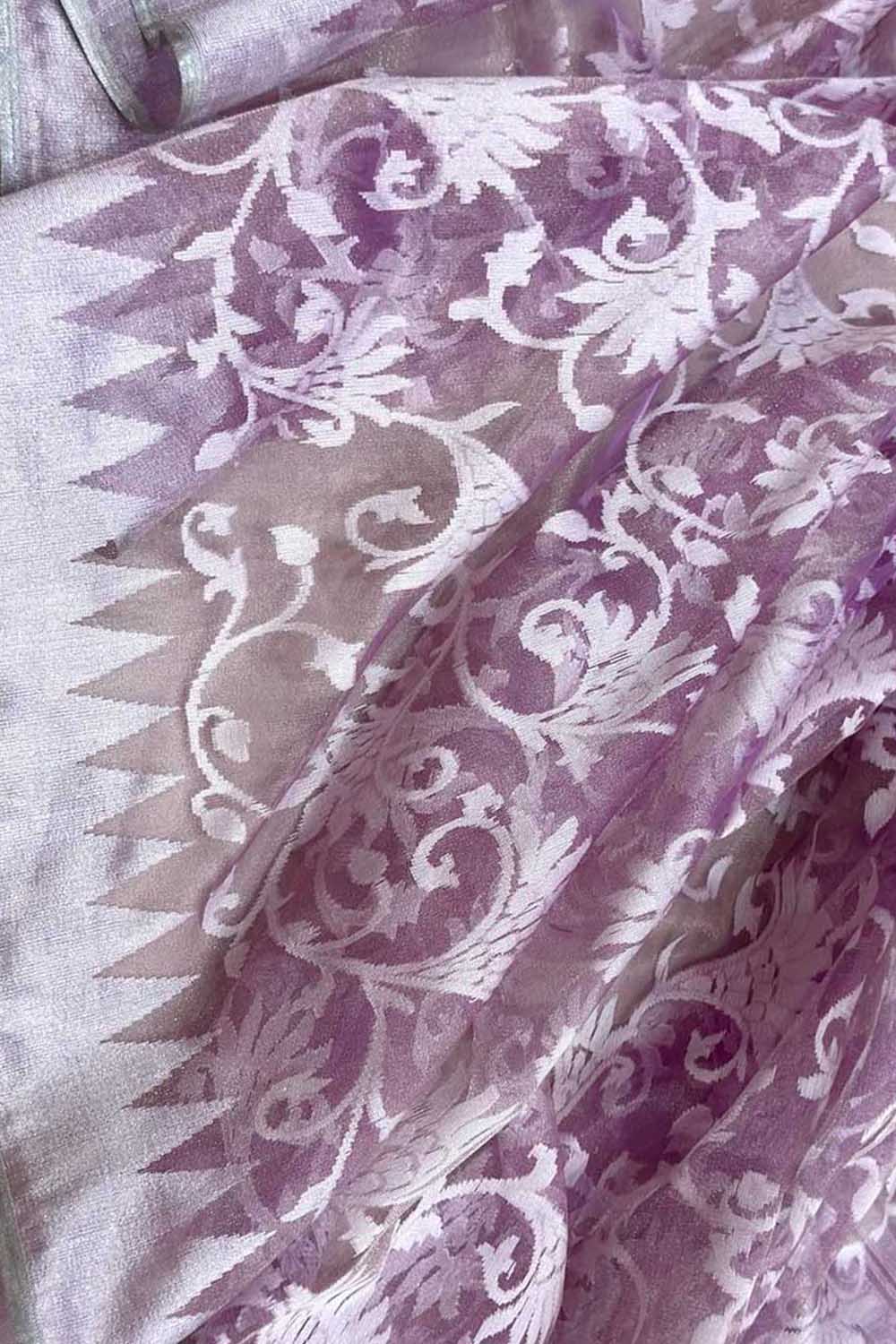 Purple Handloom Banarasi Pure Kora Silk Flower Design Saree - Luxurion World