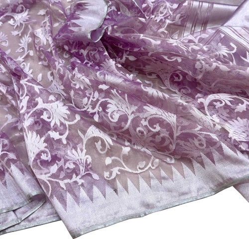 Purple Handloom Banarasi Pure Kora Silk Flower Design Saree - Luxurion World