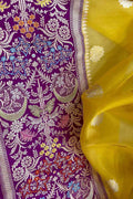 Yellow Handloom Banarasi Pure Kora Silk Flower Design Meenakari Saree - Luxurion World