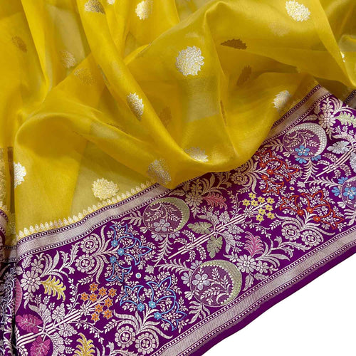 Yellow Handloom Banarasi Pure Kora Silk Flower Design Meenakari Saree - Luxurion World