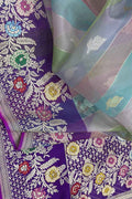 Blue Handloom Banarasi Pure Kora Silk Flower Design Meenakari Saree - Luxurion World