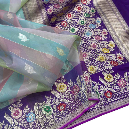 Blue Handloom Banarasi Pure Kora Silk Flower Design Meenakari Saree - Luxurion World