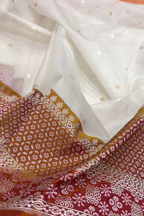 Off White Handloom Banarasi Pure Kora Silk Booti Design Saree - Luxurion World