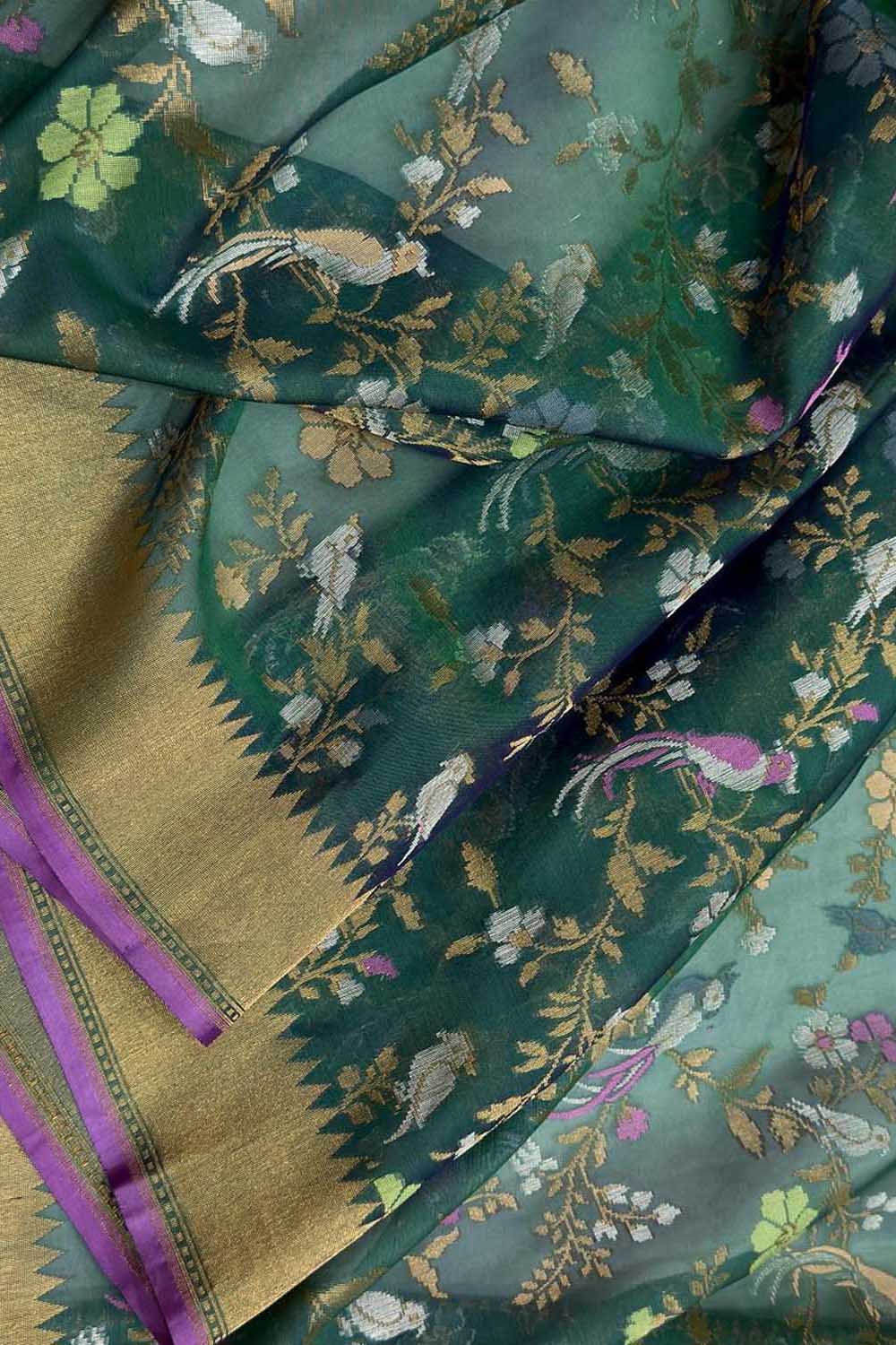 Green Handloom Banarasi Pure Kora Silk Bird And Flower Design Saree - Luxurion World