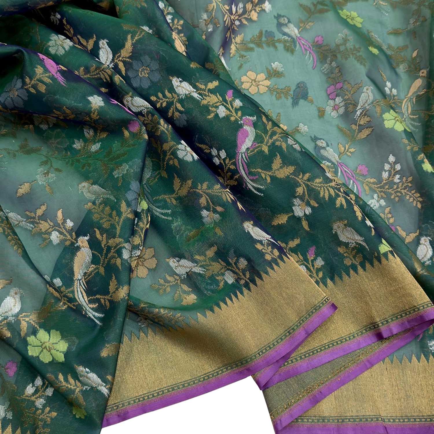 Green Handloom Banarasi Pure Kora Silk Bird And Flower Design Saree - Luxurion World