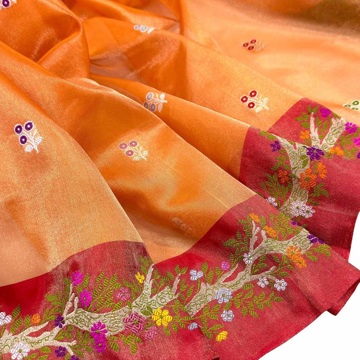 Orange Handloom Banarasi Pure Kora Silk Flower Design Meenakari Saree - Luxurion World