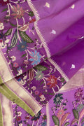 Purple Handloom Banarasi Pure Kora Silk Flower Design Meenakari Saree - Luxurion World