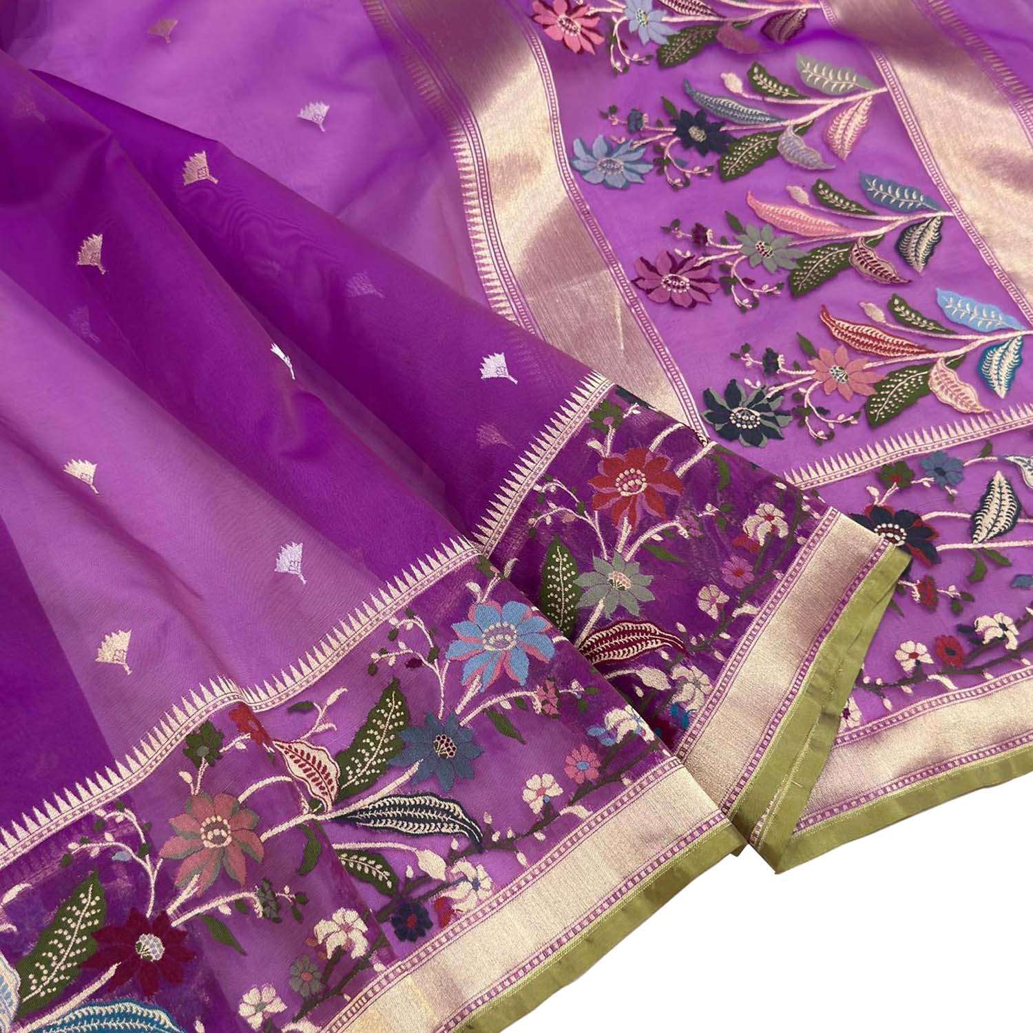 Purple Handloom Banarasi Pure Kora Silk Flower Design Meenakari Saree - Luxurion World