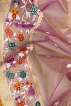 Pink Handloom Banarasi Pure Kora Silk Flower Design Meenakari Saree - Luxurion World