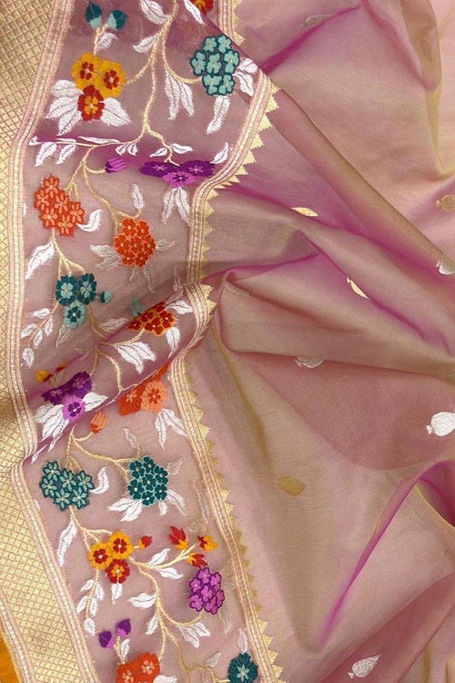 Pink Handloom Banarasi Pure Kora Silk Flower Design Meenakari Saree - Luxurion World