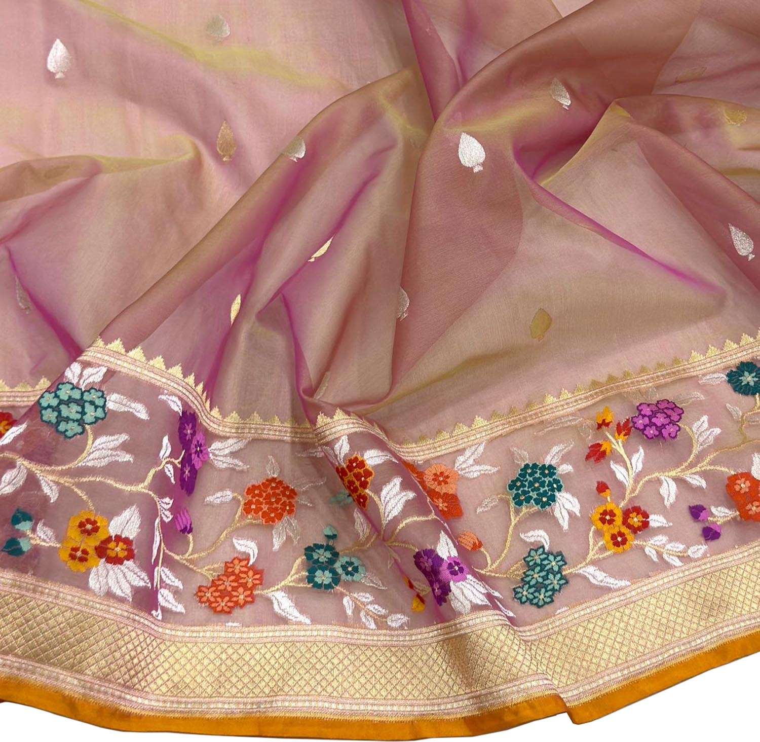 Pink Handloom Banarasi Pure Kora Silk Flower Design Meenakari Saree - Luxurion World