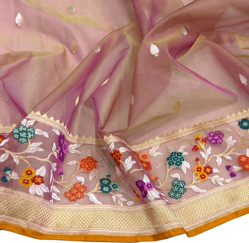 Pink Handloom Banarasi Pure Kora Silk Flower Design Meenakari Saree - Luxurion World
