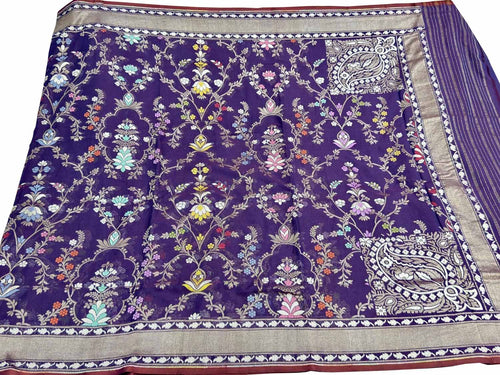 Blue Handloom Pure Banarasi Jamdani Cotton Saree