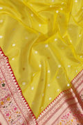 Yellow Handloom Banarasi Pure Kora Fully Kadwa And Kadhiyal Contrast Meenakari Border Saree