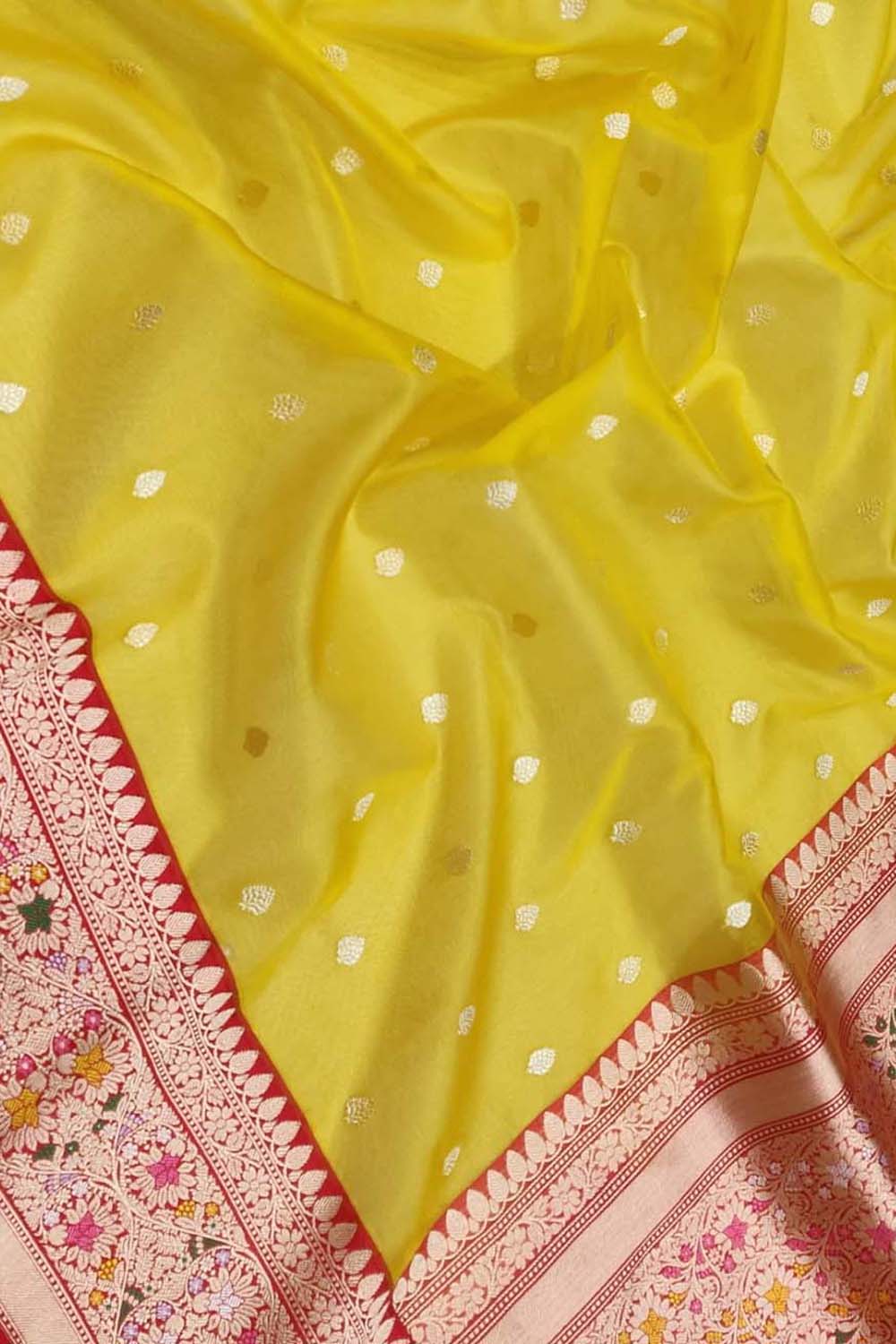 Yellow Handloom Banarasi Pure Kora Fully Kadwa And Kadhiyal Contrast Meenakari Border Saree