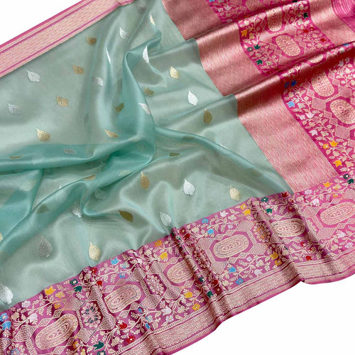 Blue Handloom Banarasi Pure Kora Fully Kadwa And Kadhiyal Contrast Meenakari Border Saree