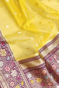 Yellow Handloom Banarasi Pure Kora Fully Kadwa And Kadhiyal Contrast Meenakari Border Saree
