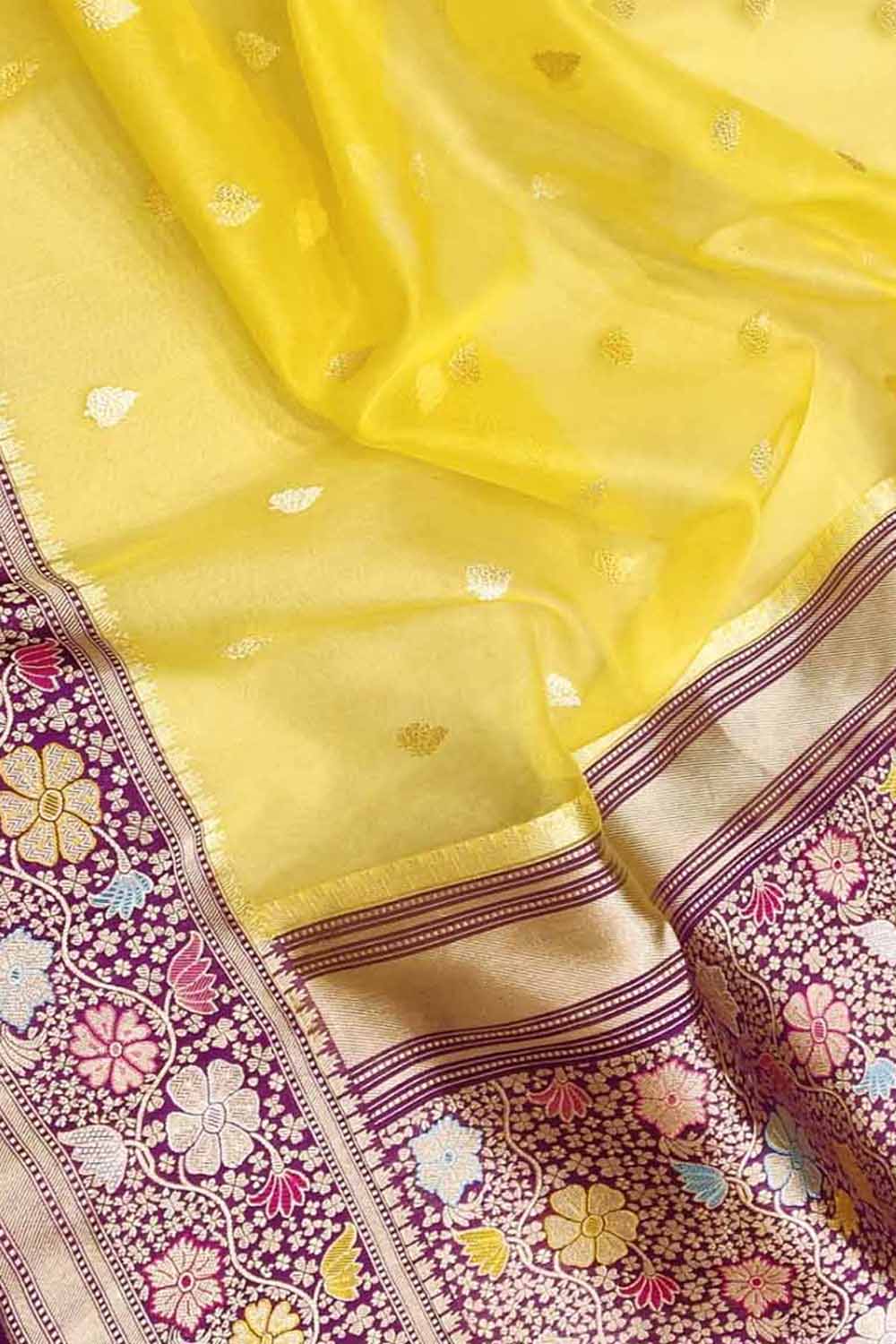 Yellow Handloom Banarasi Pure Kora Fully Kadwa And Kadhiyal Contrast Meenakari Border Saree