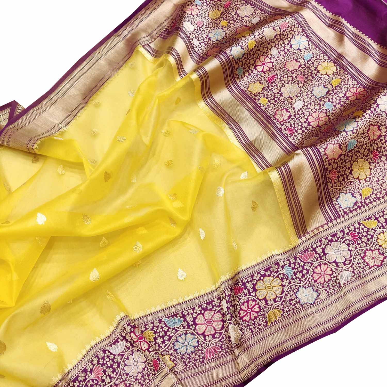 Yellow Handloom Banarasi Pure Kora Fully Kadwa And Kadhiyal Contrast Meenakari Border Saree