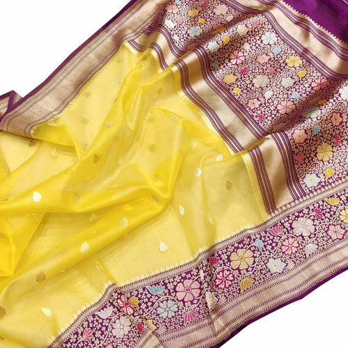 Yellow Handloom Banarasi Pure Kora Fully Kadwa And Kadhiyal Contrast Meenakari Border Saree