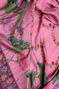 Pink Handloom Pure Banarasi Tussar Silk Plain Base With Floral Digital Printed Saree