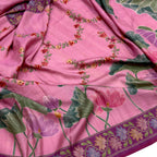 Pink Handloom Pure Banarasi Tussar Silk Plain Base With Floral Digital Printed Saree