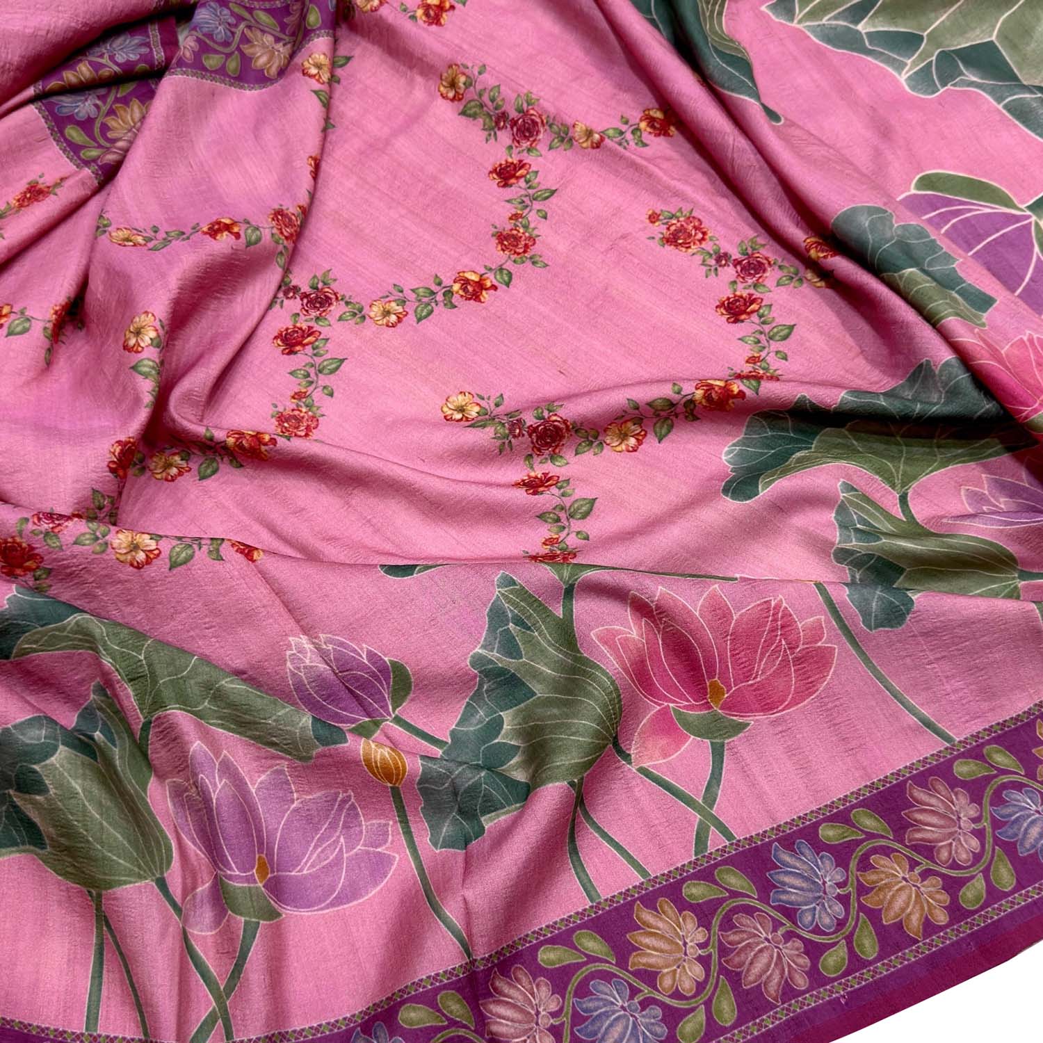 Pink Handloom Pure Banarasi Tussar Silk Plain Base With Floral Digital Printed Saree
