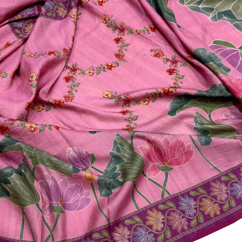 Pink Handloom Pure Banarasi Tussar Silk Plain Base With Floral Digital Printed Saree