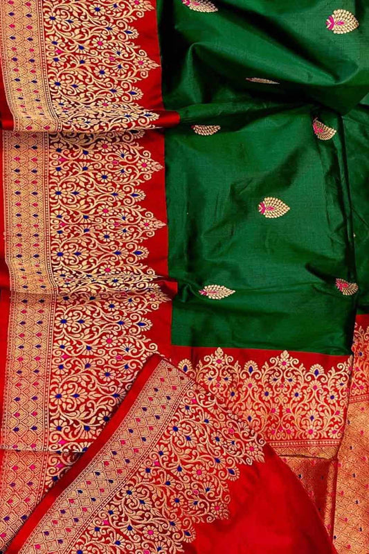 Green Banarasi Handloom Pure Katan Silk Saree - Luxurion World