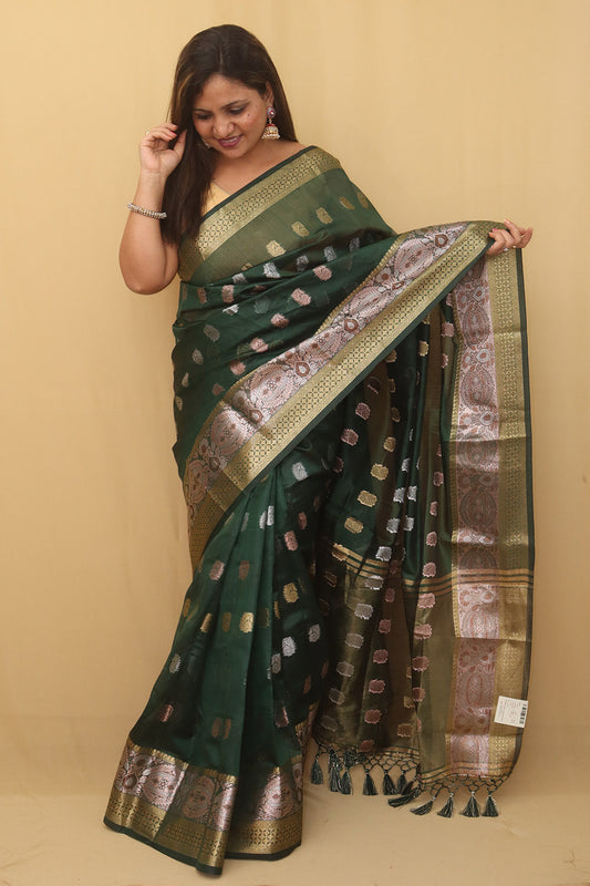 Green Banarasi Cotton Silk Saree - Luxurion World
